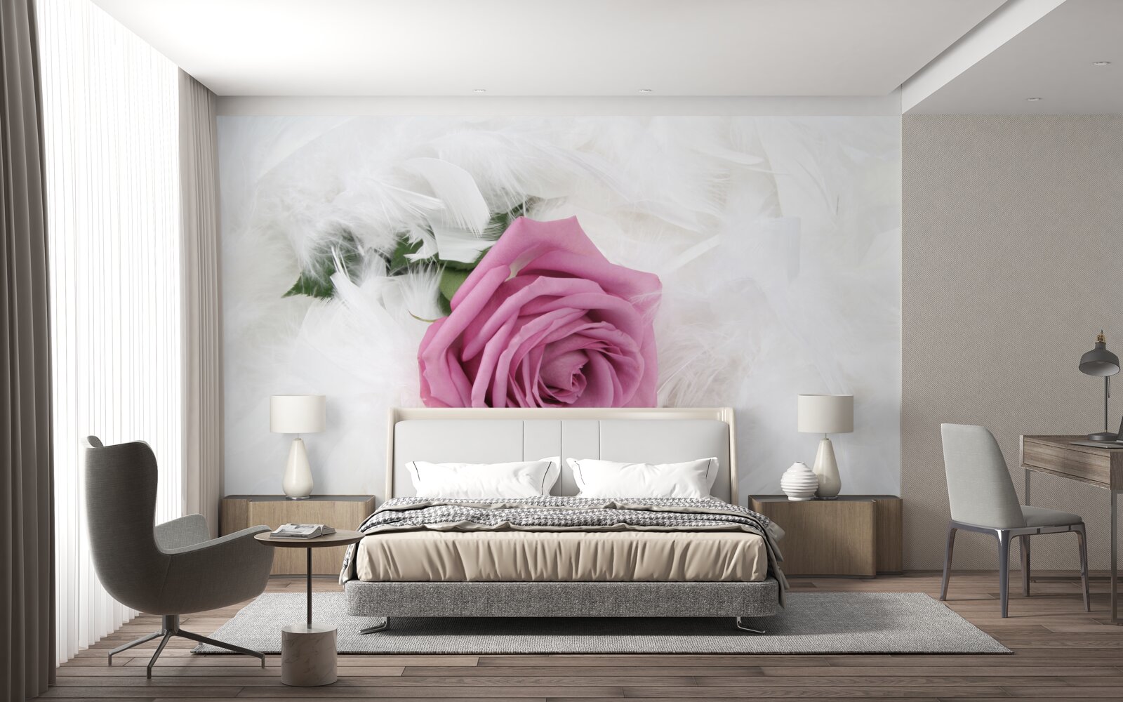 Фотошпалери фіолетова троянда в оточенні білого пір'я
