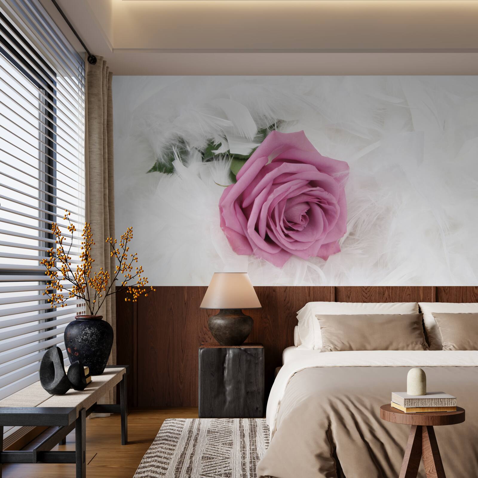 Фотошпалери фіолетова троянда в оточенні білого пір'я