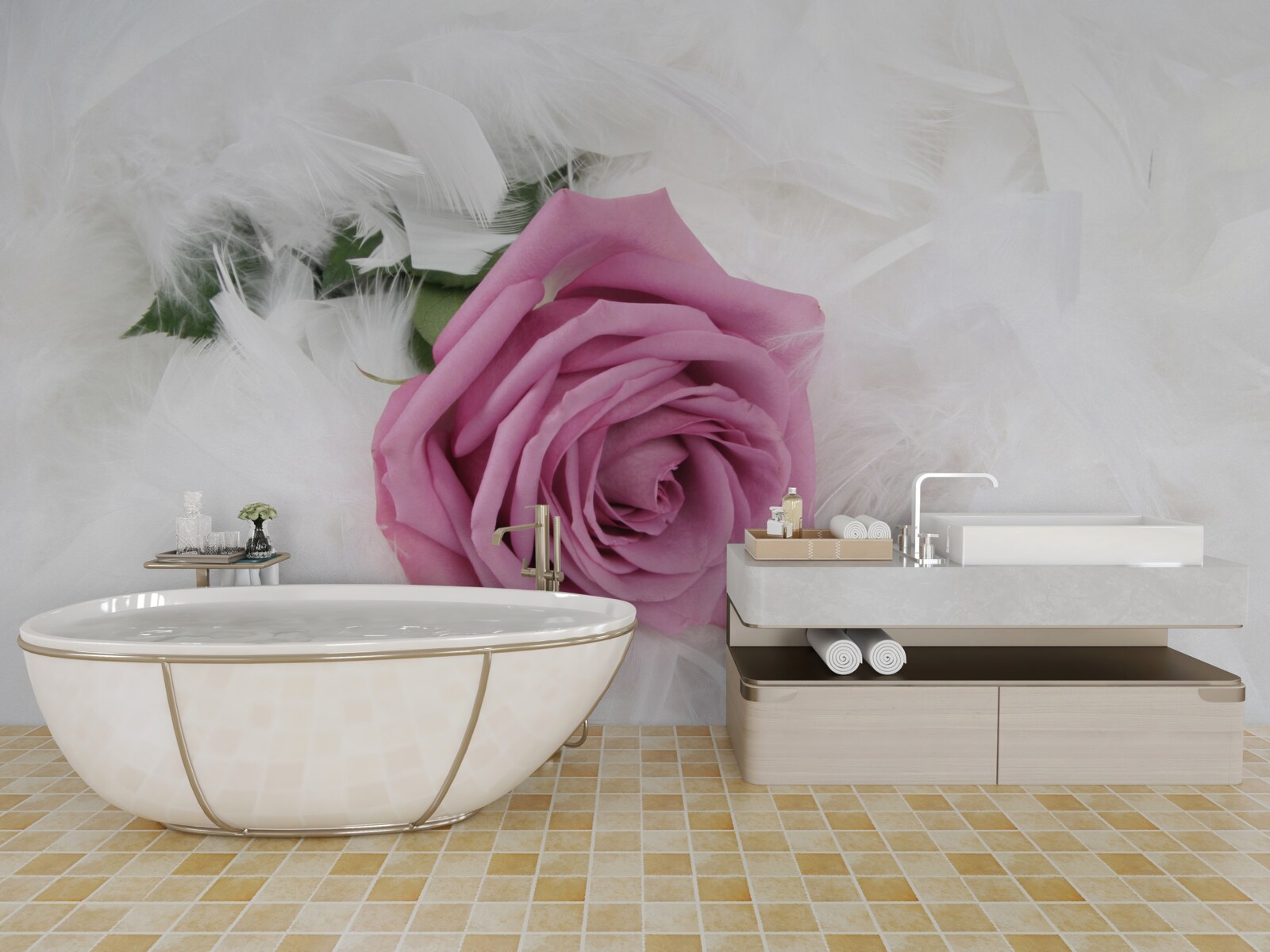 Фотошпалери фіолетова троянда в оточенні білого пір'я