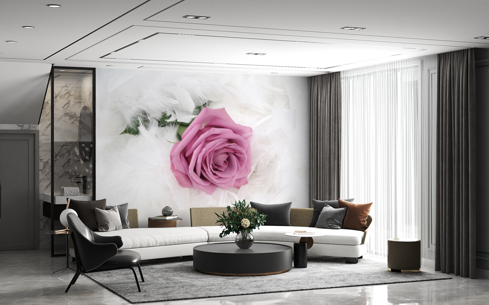 Фотошпалери фіолетова троянда в оточенні білого пір'я