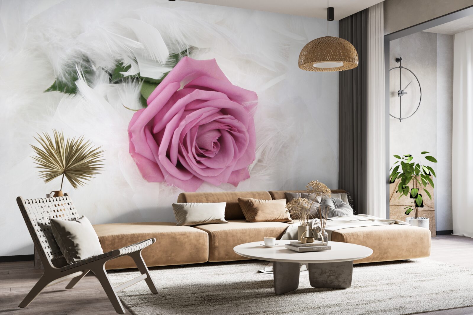 Фотошпалери фіолетова троянда в оточенні білого пір'я