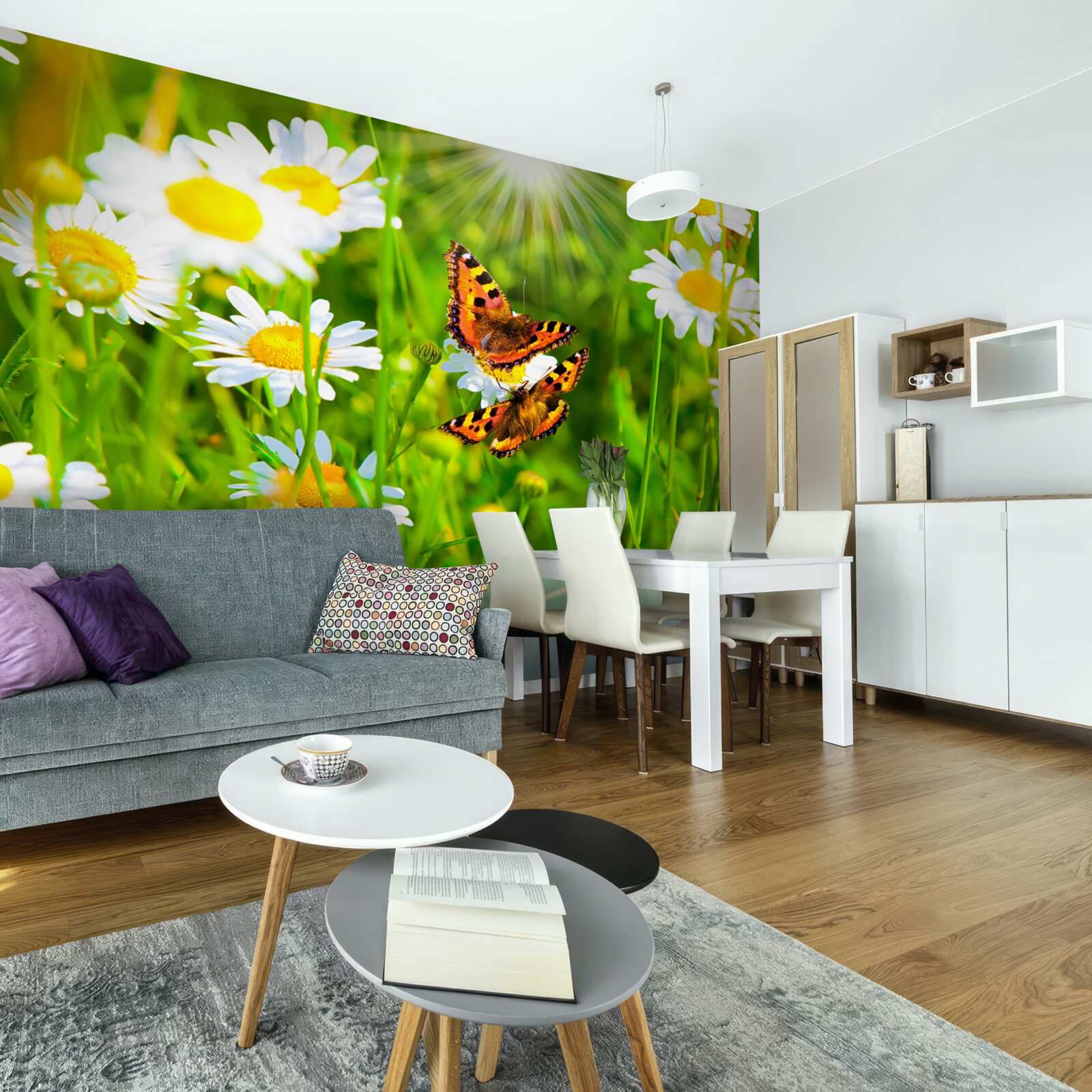 Фотошпалери ромашка в полі, всіяному метеликами