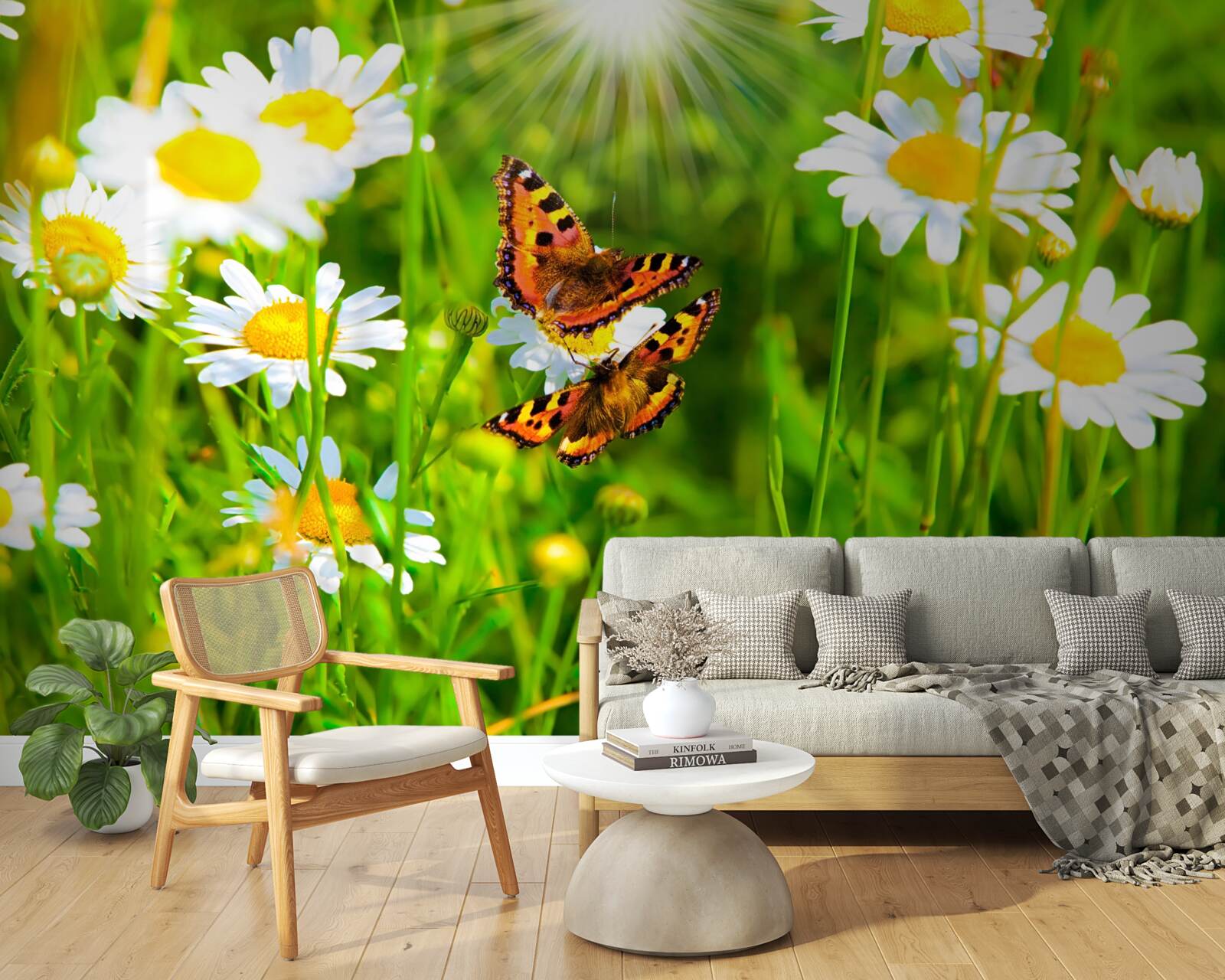 Фотошпалери ромашка в полі, всіяному метеликами
