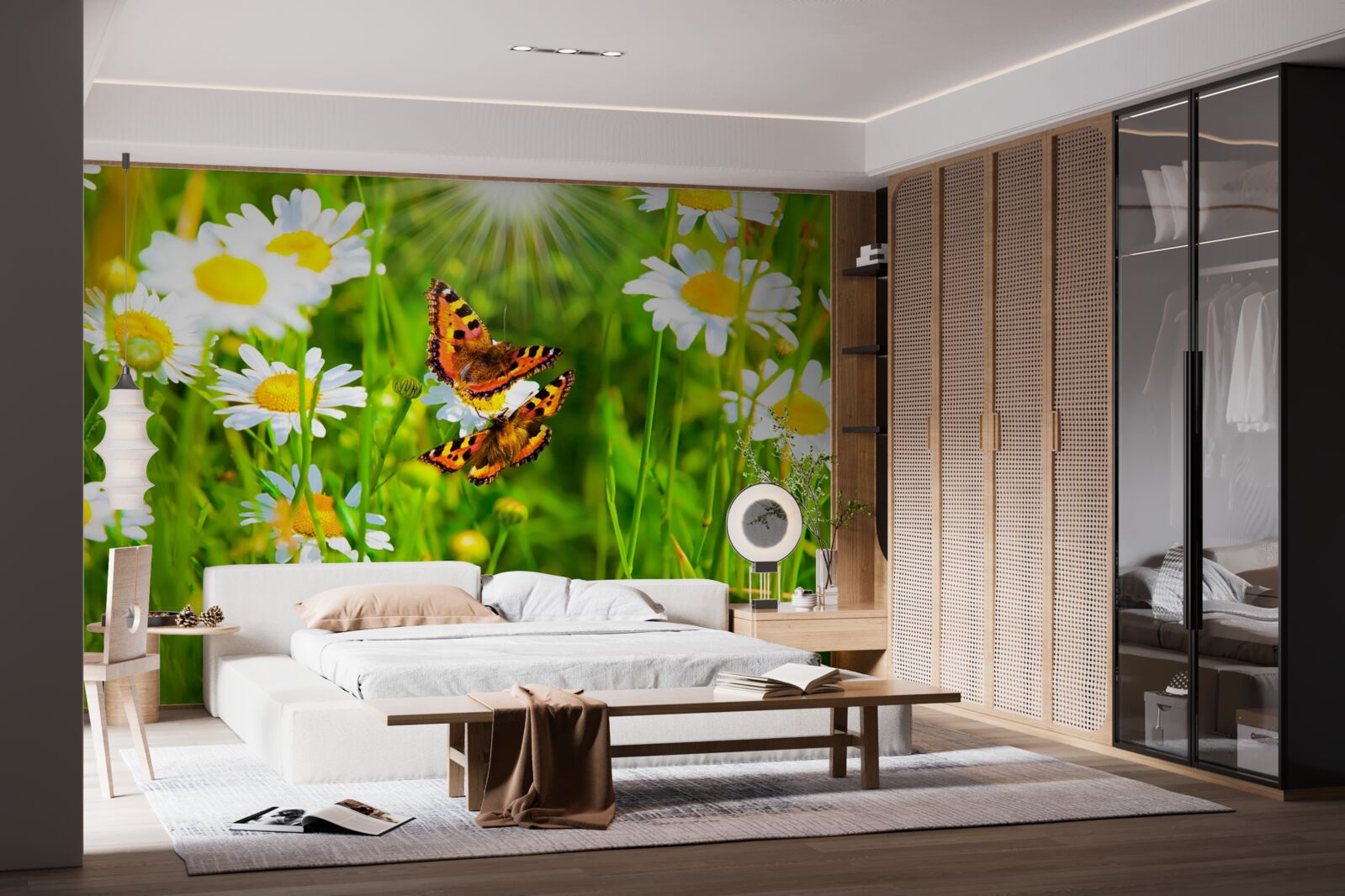 Фотошпалери ромашка в полі, всіяному метеликами