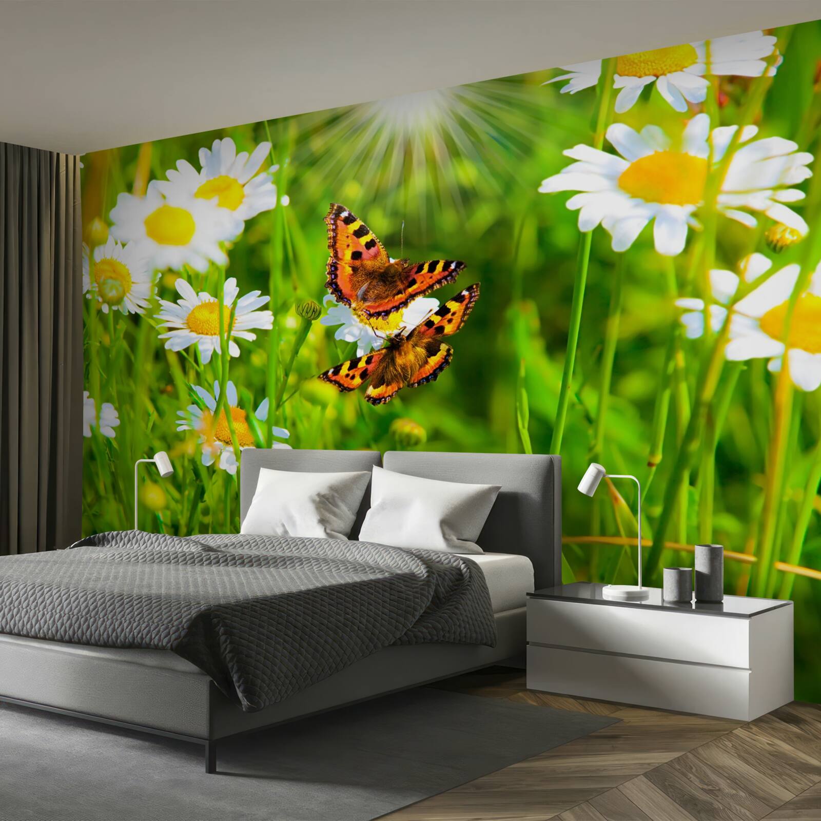 Фотошпалери ромашка в полі, всіяному метеликами