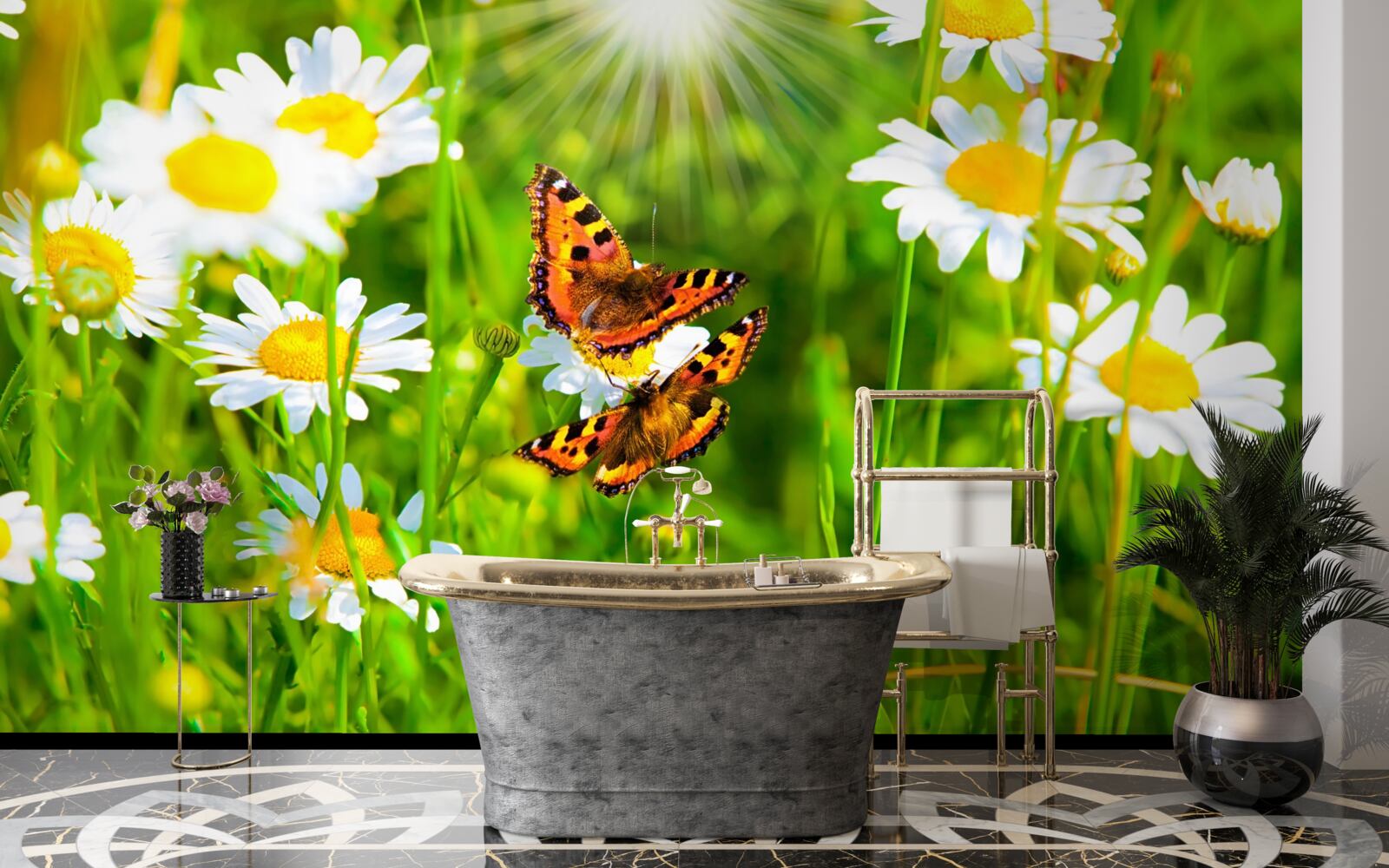 Фотошпалери ромашка в полі, всіяному метеликами