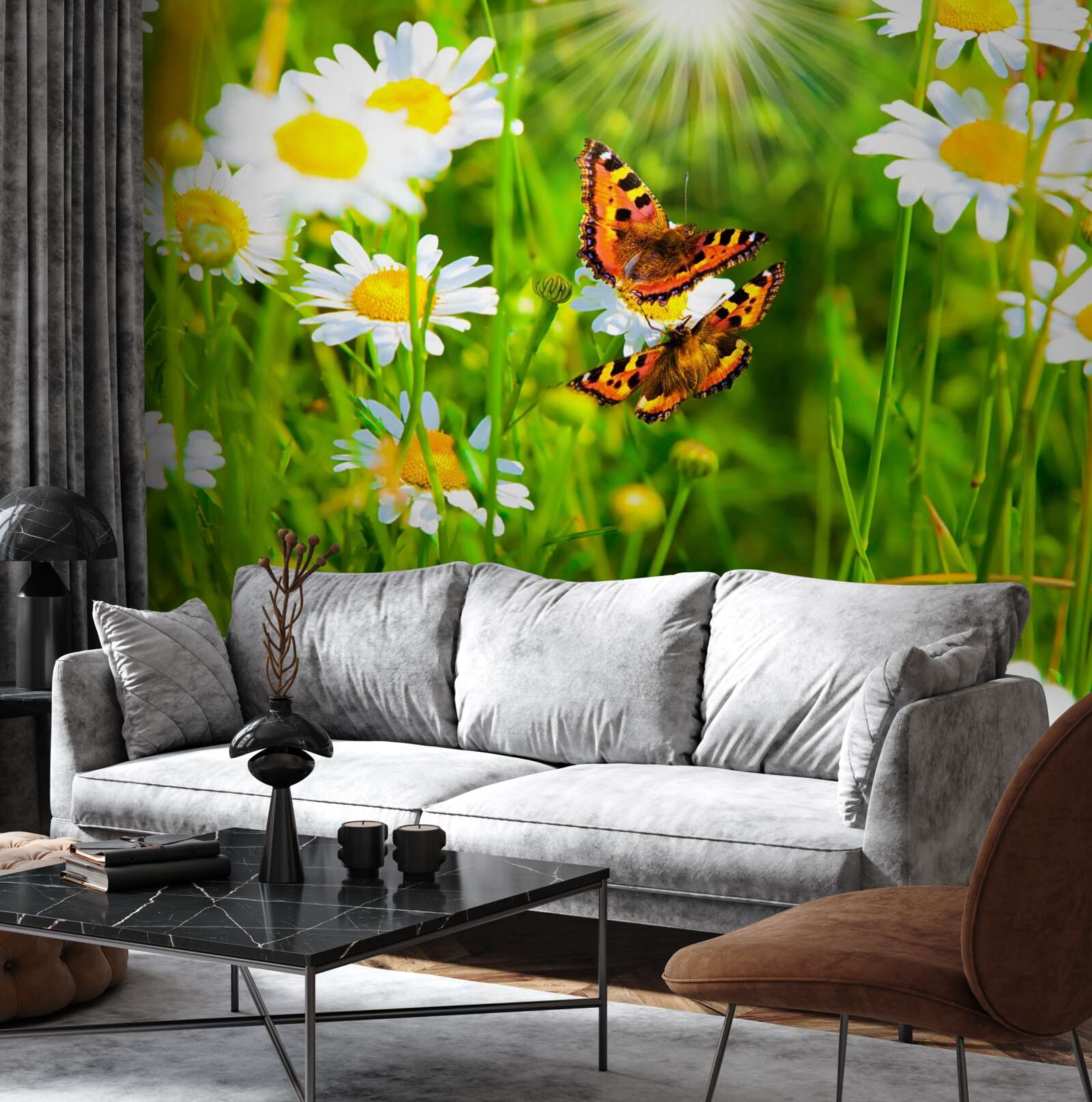 Фотошпалери ромашка в полі, всіяному метеликами