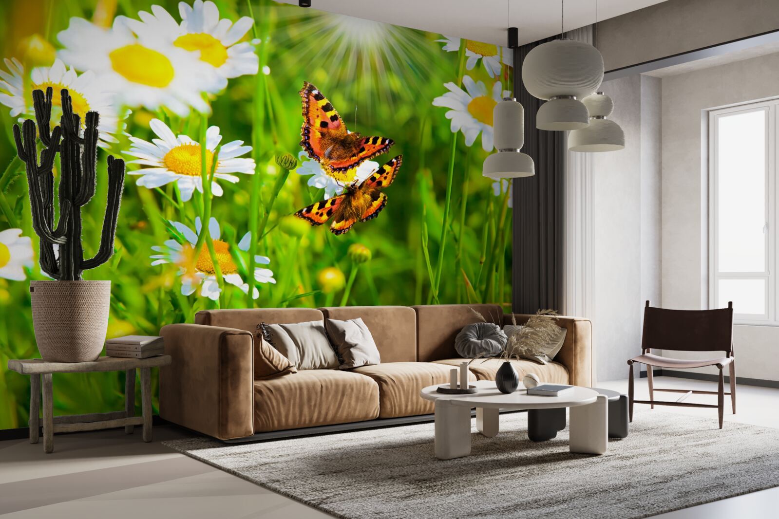 Фотошпалери ромашка в полі, всіяному метеликами