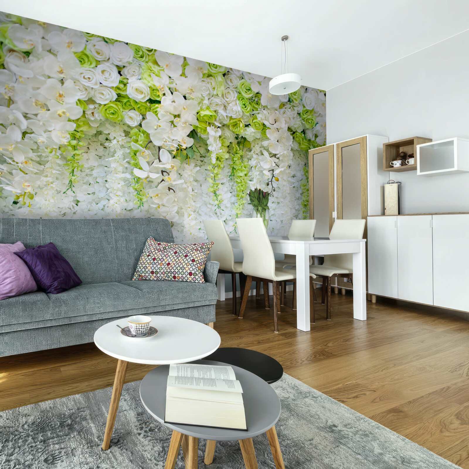 Фотошпалери білі орхідеї вкрили стіну квітковим килимом