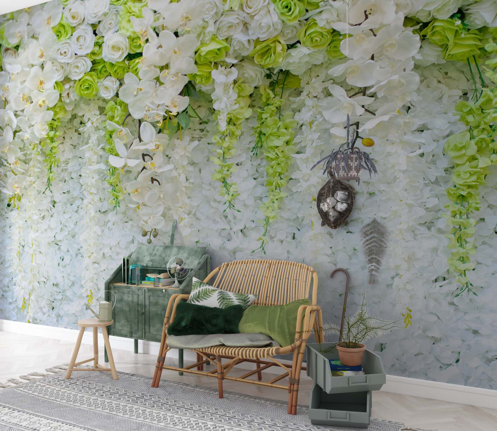 Фотошпалери білі орхідеї вкрили стіну квітковим килимом