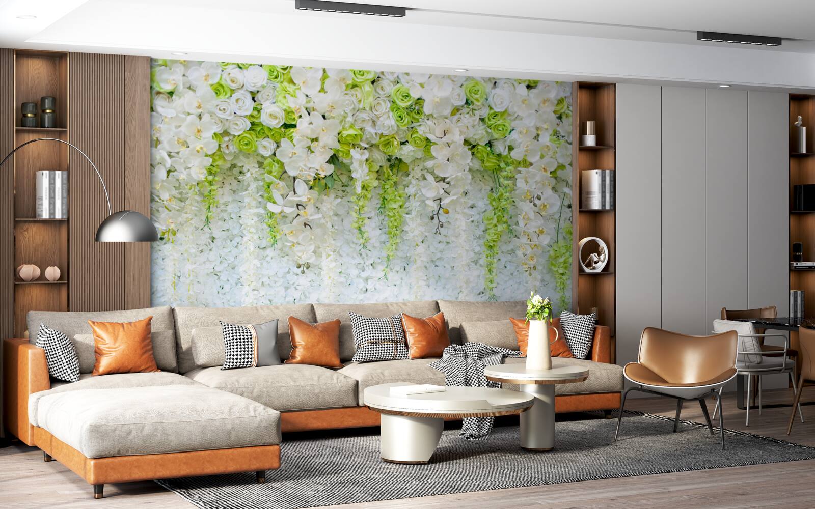 Фотошпалери білі орхідеї вкрили стіну квітковим килимом