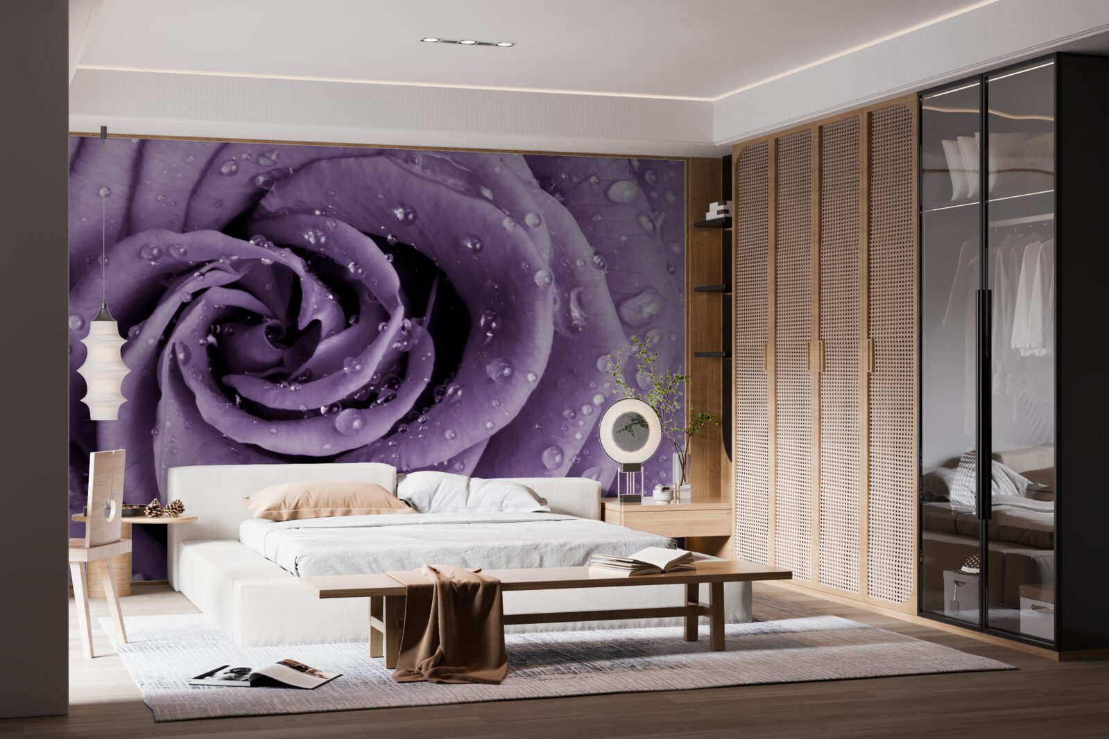 Фотошпалери ранкова роса на фіалковій троянді