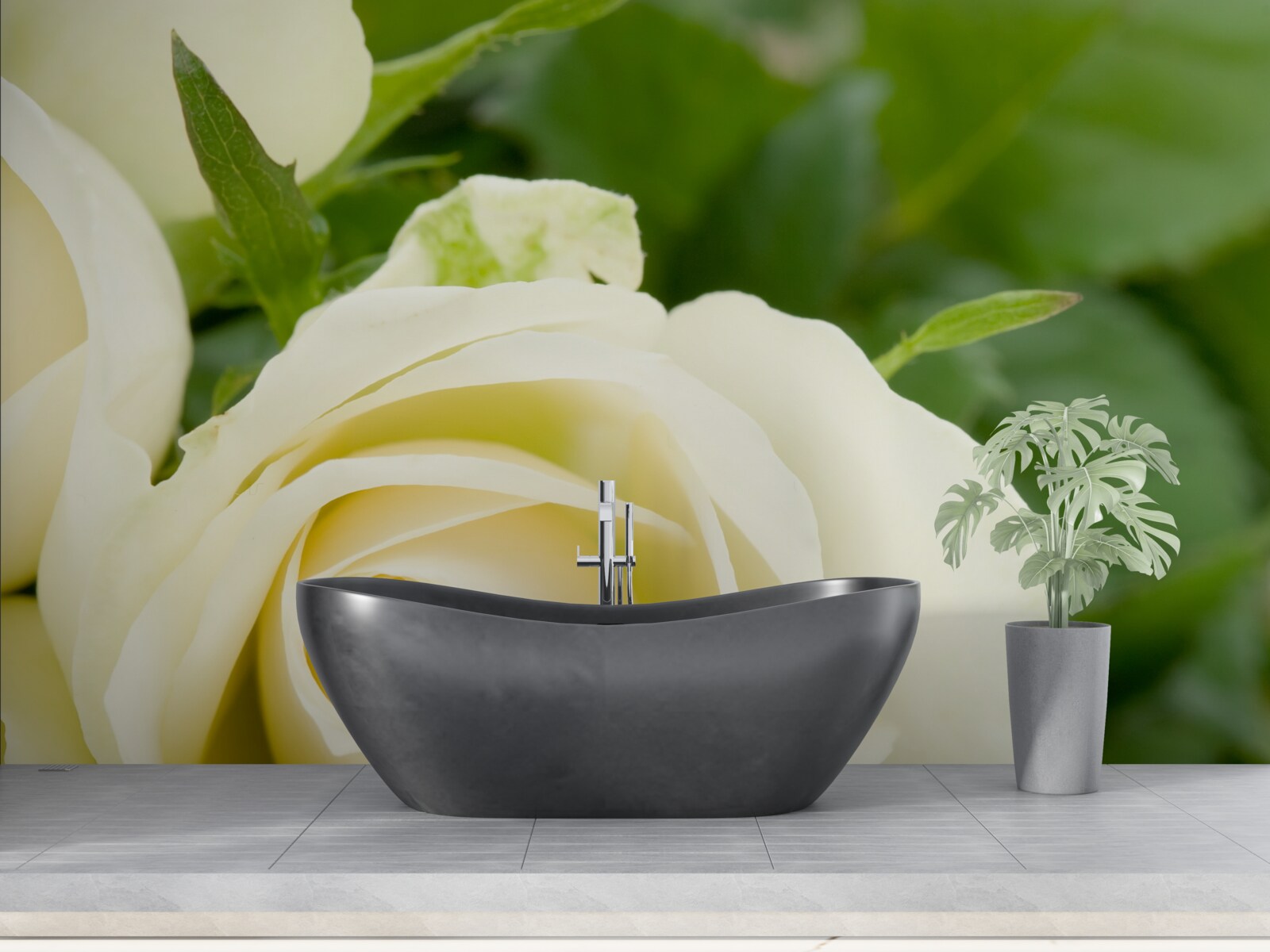 Фотошпалери троянда бежевого відтінку з зеленим листям