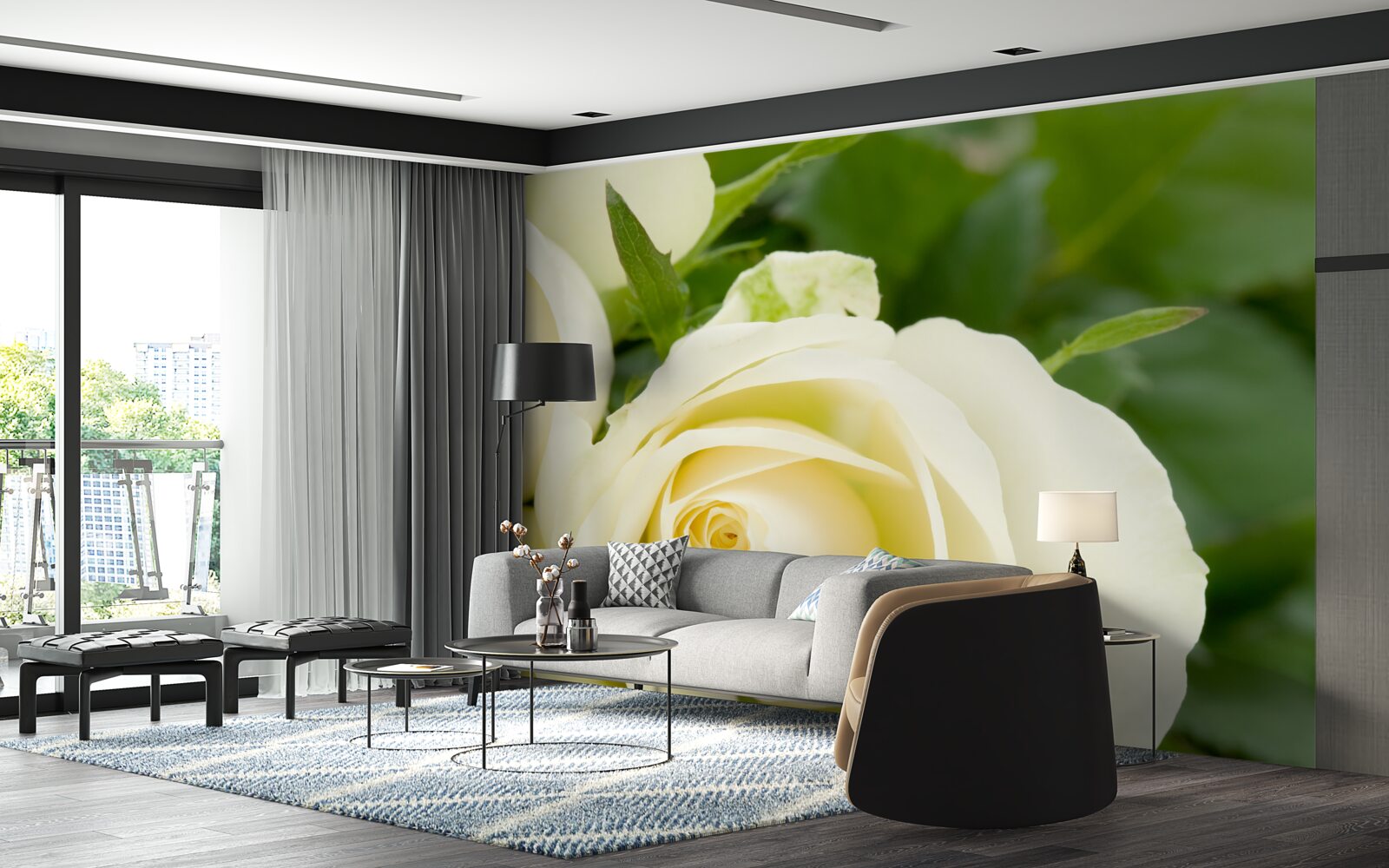 Фотошпалери троянда бежевого відтінку з зеленим листям