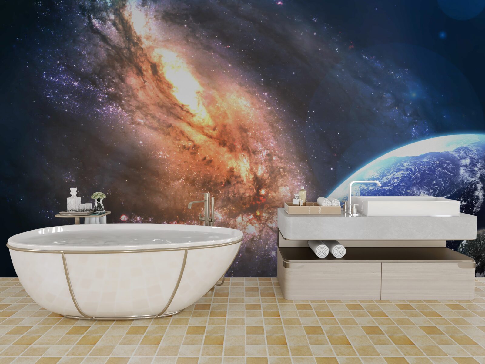 Фотошпалери планета, супутник і нещодавно відкрита галактика