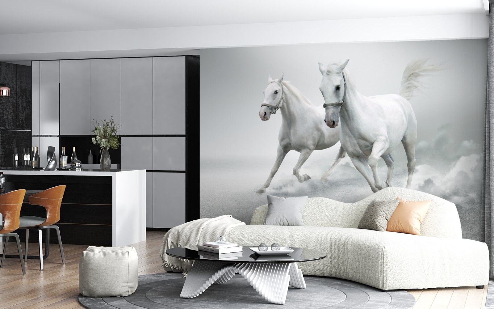 Фотошпалери два білосніжні жеребці біжать по яскравій піщаній поверхні