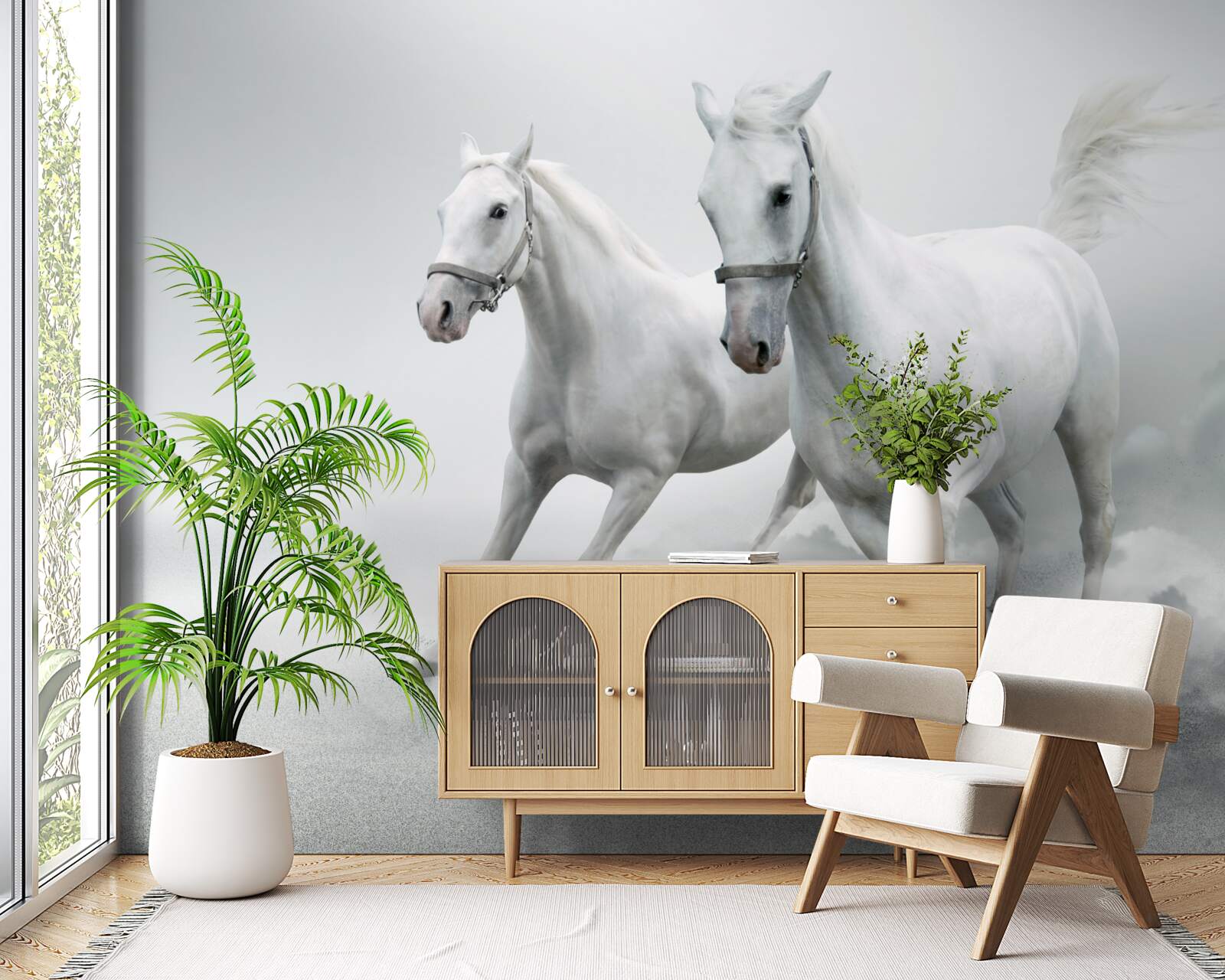 Фотошпалери два білосніжні жеребці біжать по яскравій піщаній поверхні