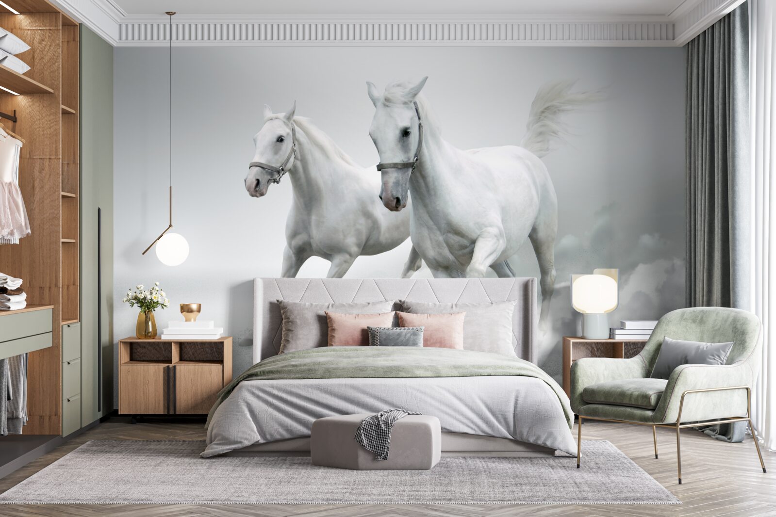 Фотошпалери два білосніжні жеребці біжать по яскравій піщаній поверхні