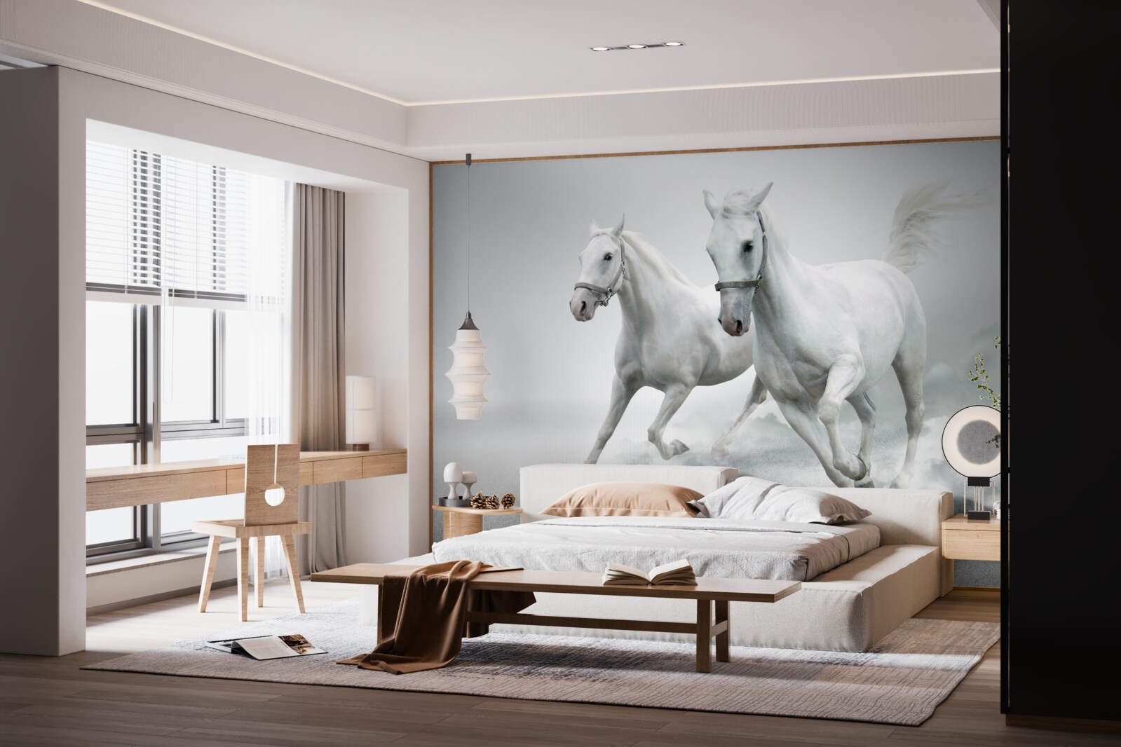 Фотошпалери два білосніжні жеребці біжать по яскравій піщаній поверхні