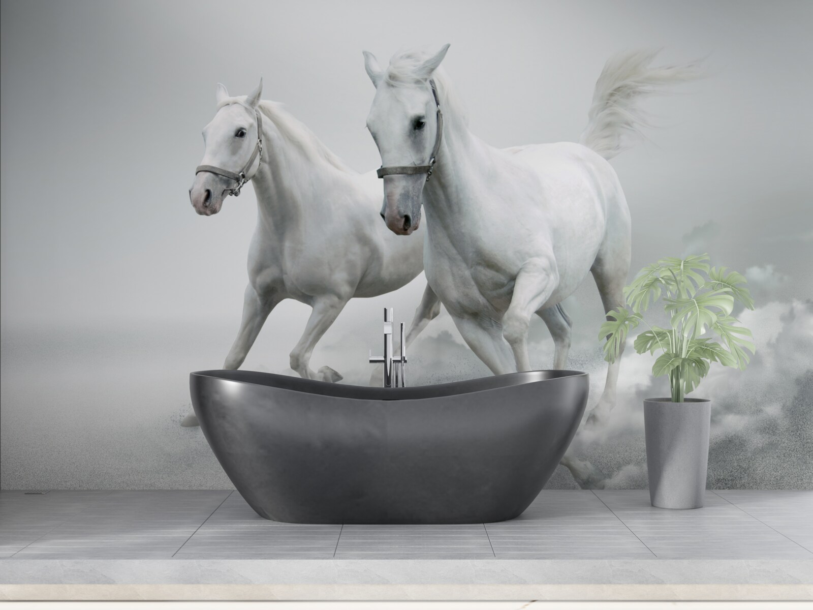 Фотошпалери два білосніжні жеребці біжать по яскравій піщаній поверхні