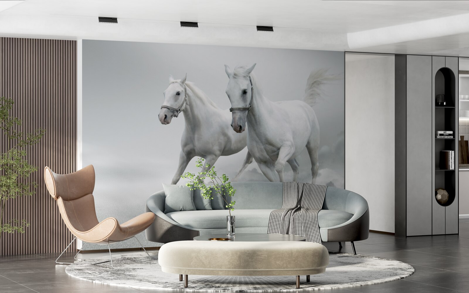 Фотошпалери два білосніжні жеребці біжать по яскравій піщаній поверхні