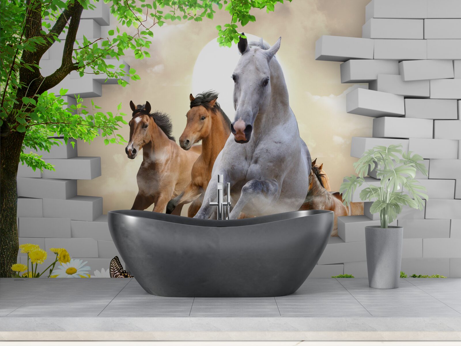 Фотошпалери різні коні руйнують цеглу своїм галопом