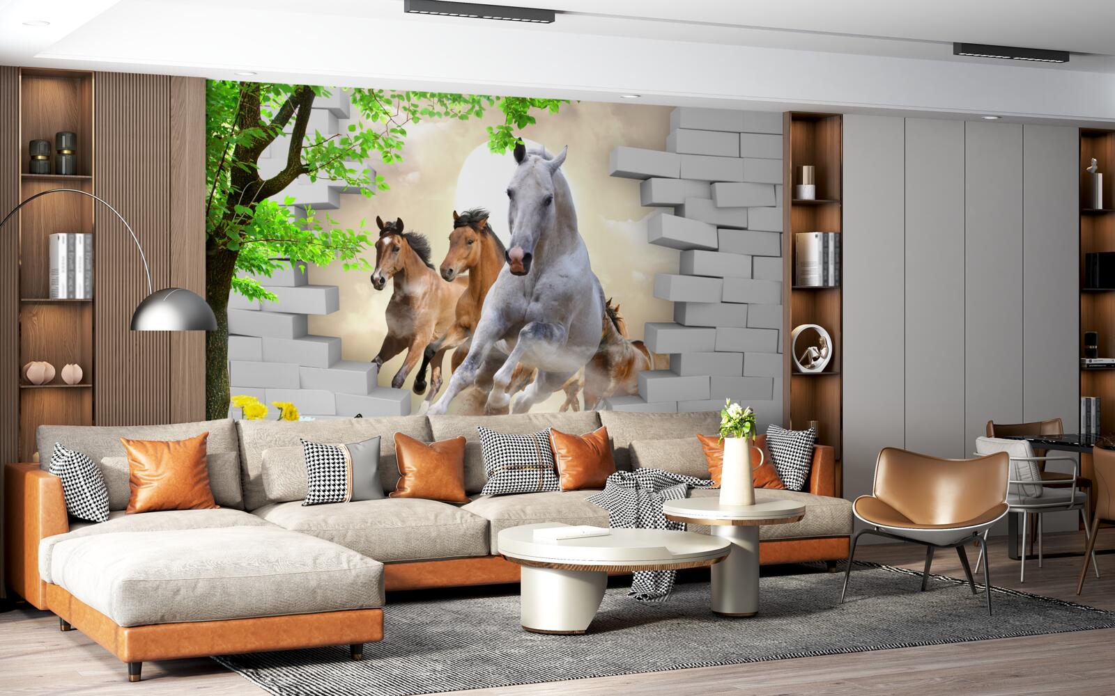 Фотошпалери різні коні руйнують цеглу своїм галопом