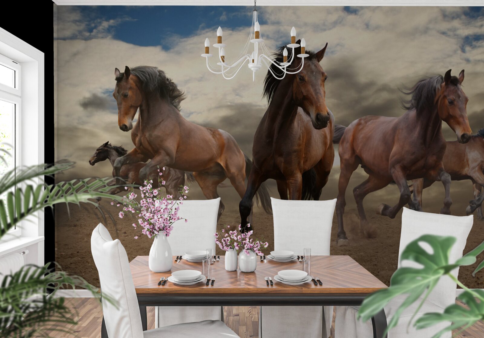 Фотошпалери група коричневих коней, що мчать по землі