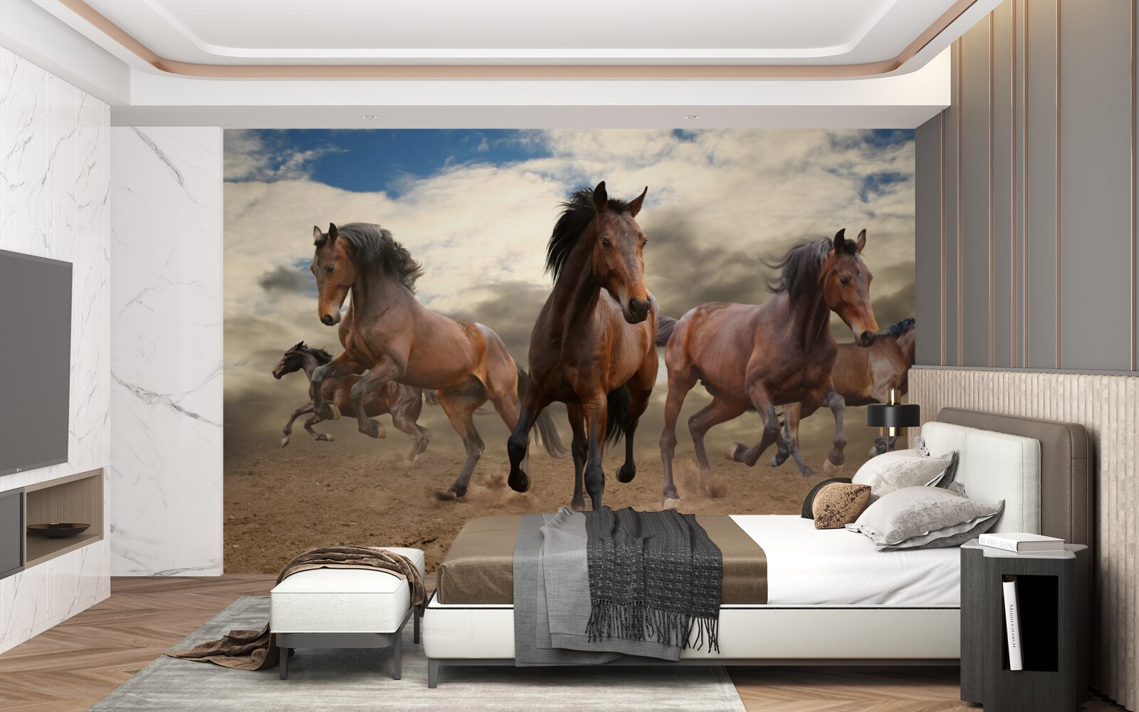 Фотошпалери група коричневих коней, що мчать по землі