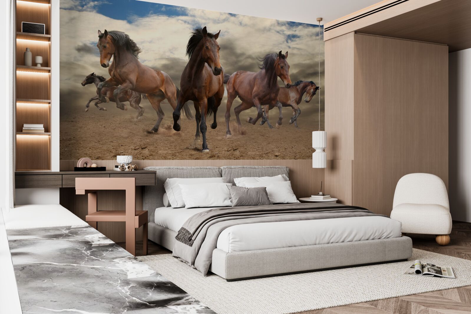 Фотошпалери група коричневих коней, що мчать по землі