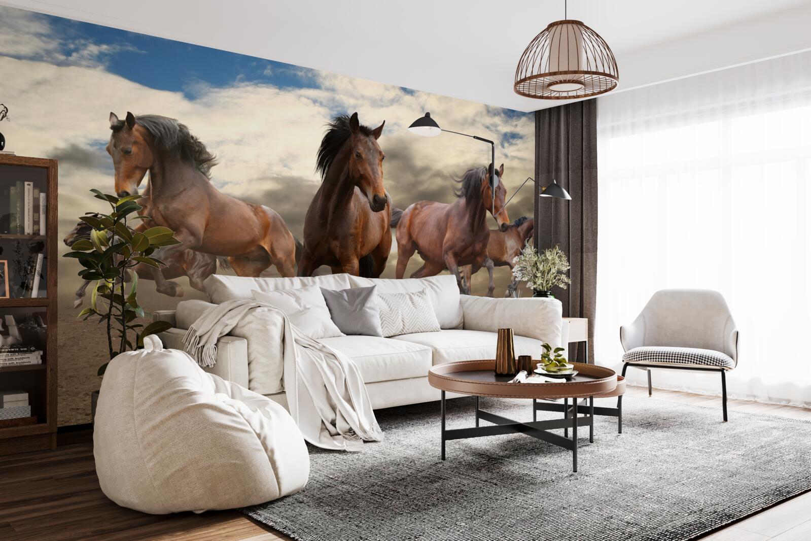 Фотошпалери група коричневих коней, що мчать по землі