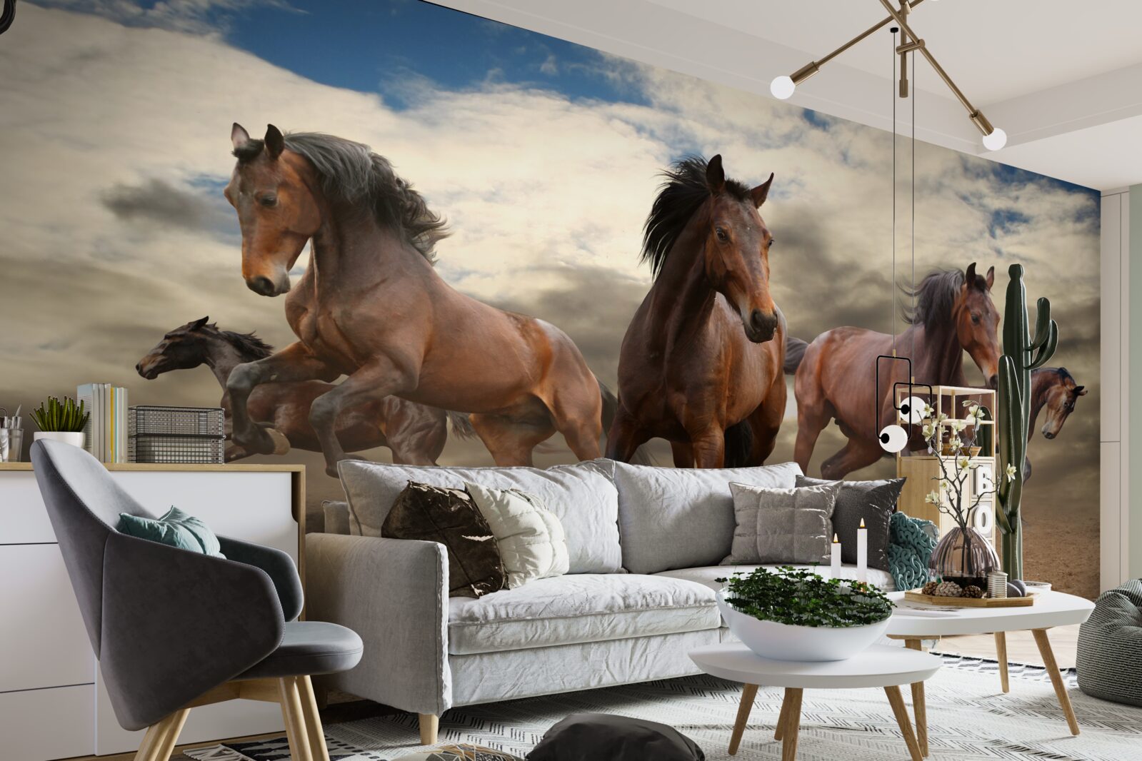 Фотошпалери група коричневих коней, що мчать по землі