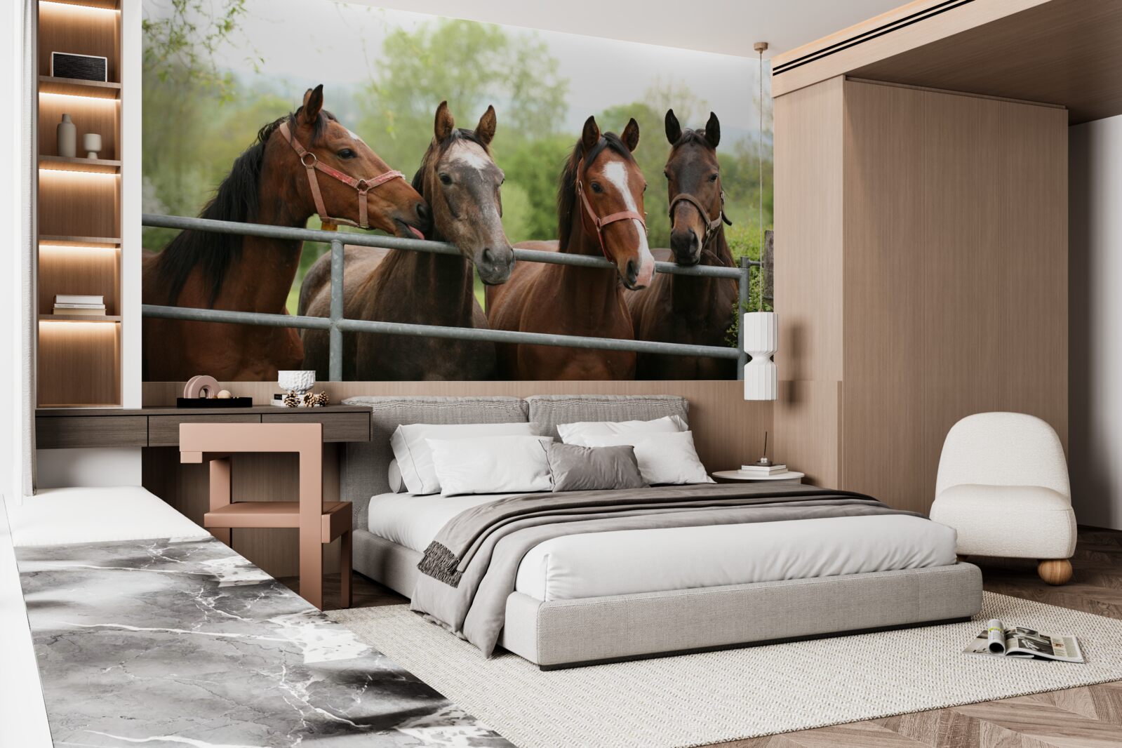 Фотошпалери у вольєрі чотири коні коричневого кольору