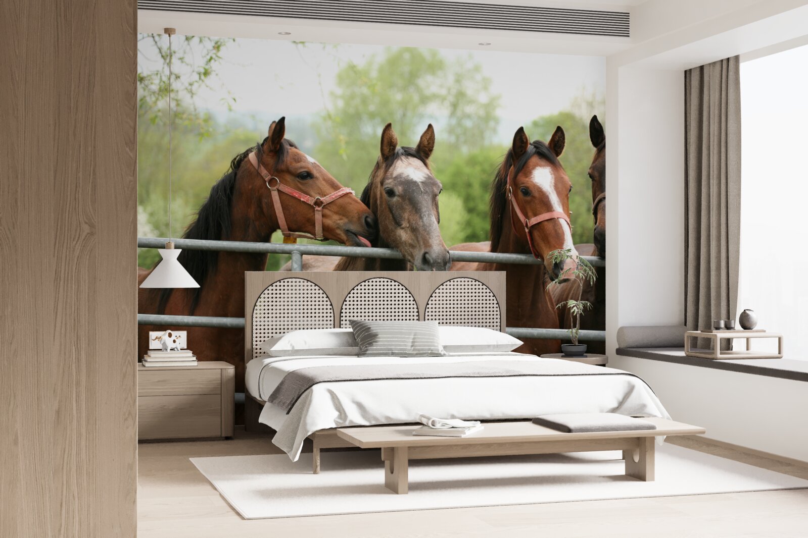 Фотошпалери у вольєрі чотири коні коричневого кольору