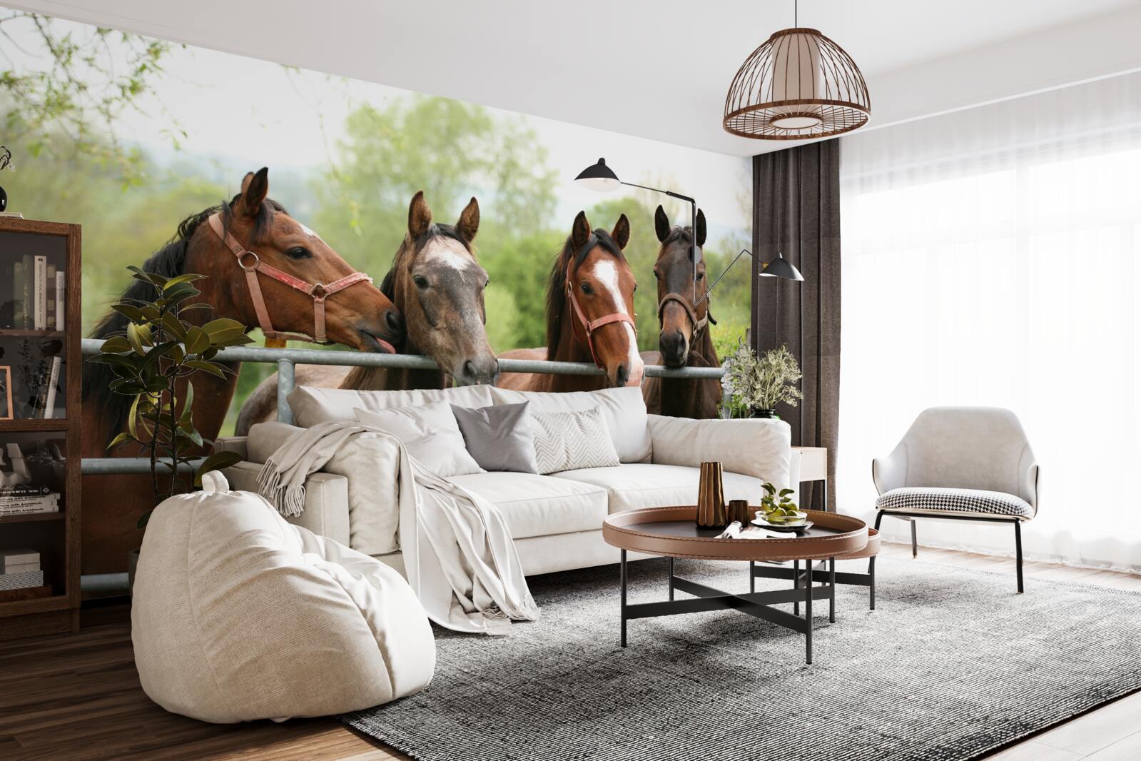 Фотошпалери у вольєрі чотири коні коричневого кольору
