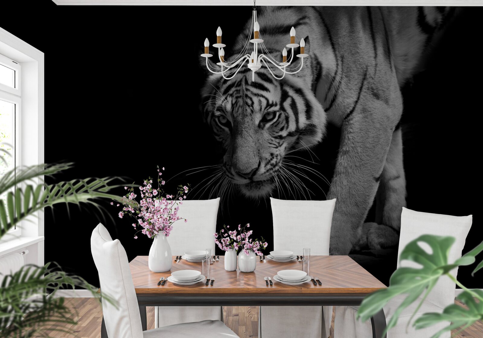 Фотошпалери тигр, що повзе на тлі темряви