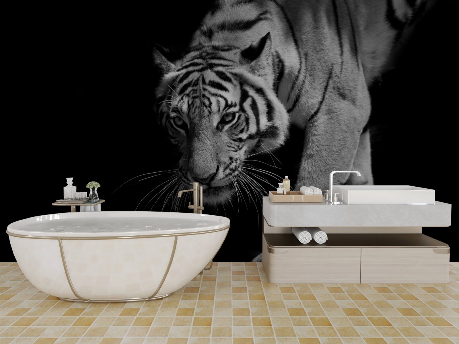 Фотошпалери тигр, що повзе на тлі темряви