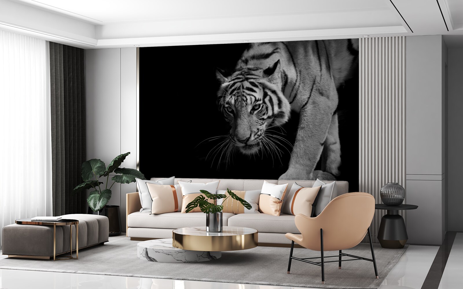 Фотошпалери тигр, що повзе на тлі темряви