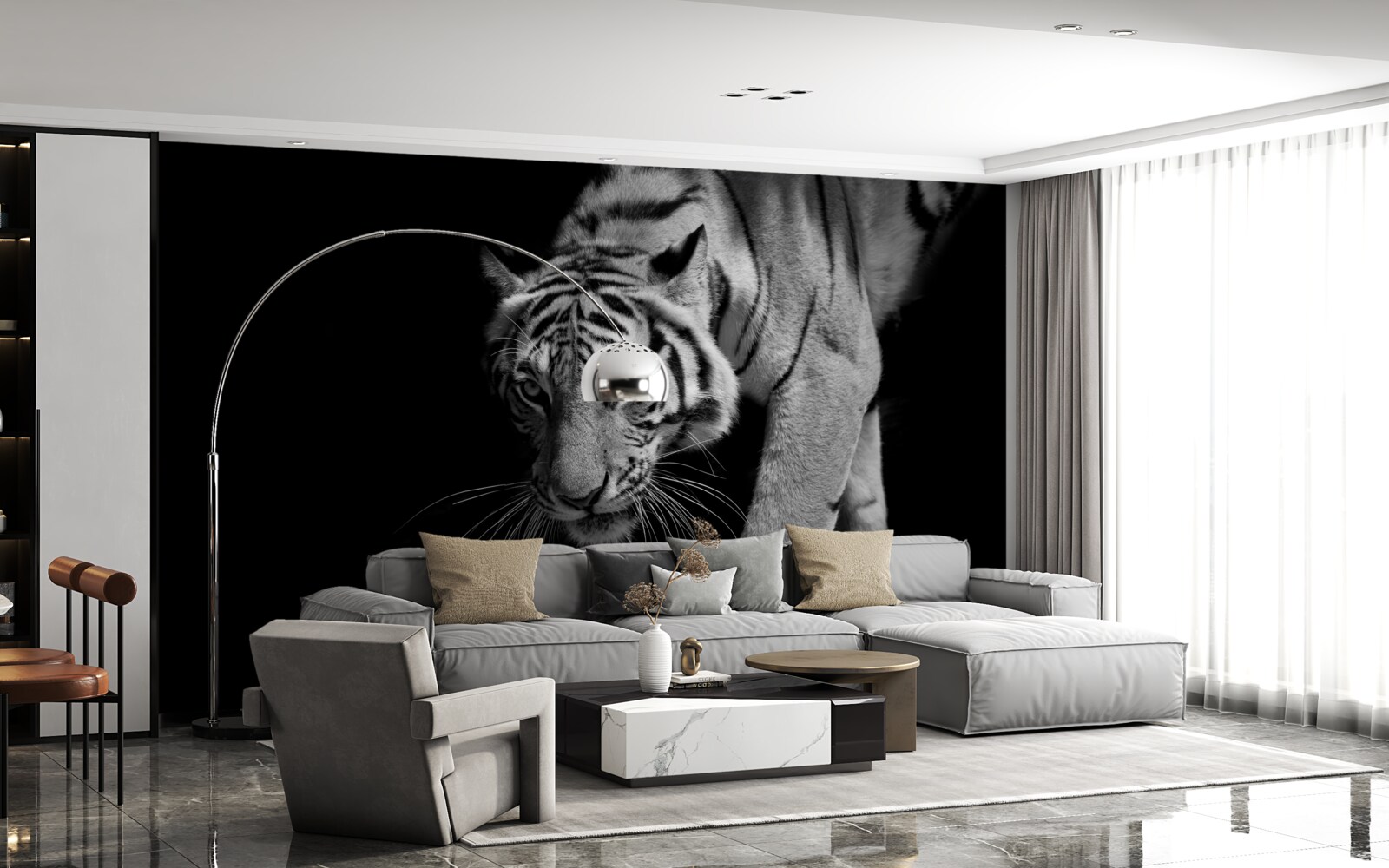 Фотошпалери тигр, що повзе на тлі темряви