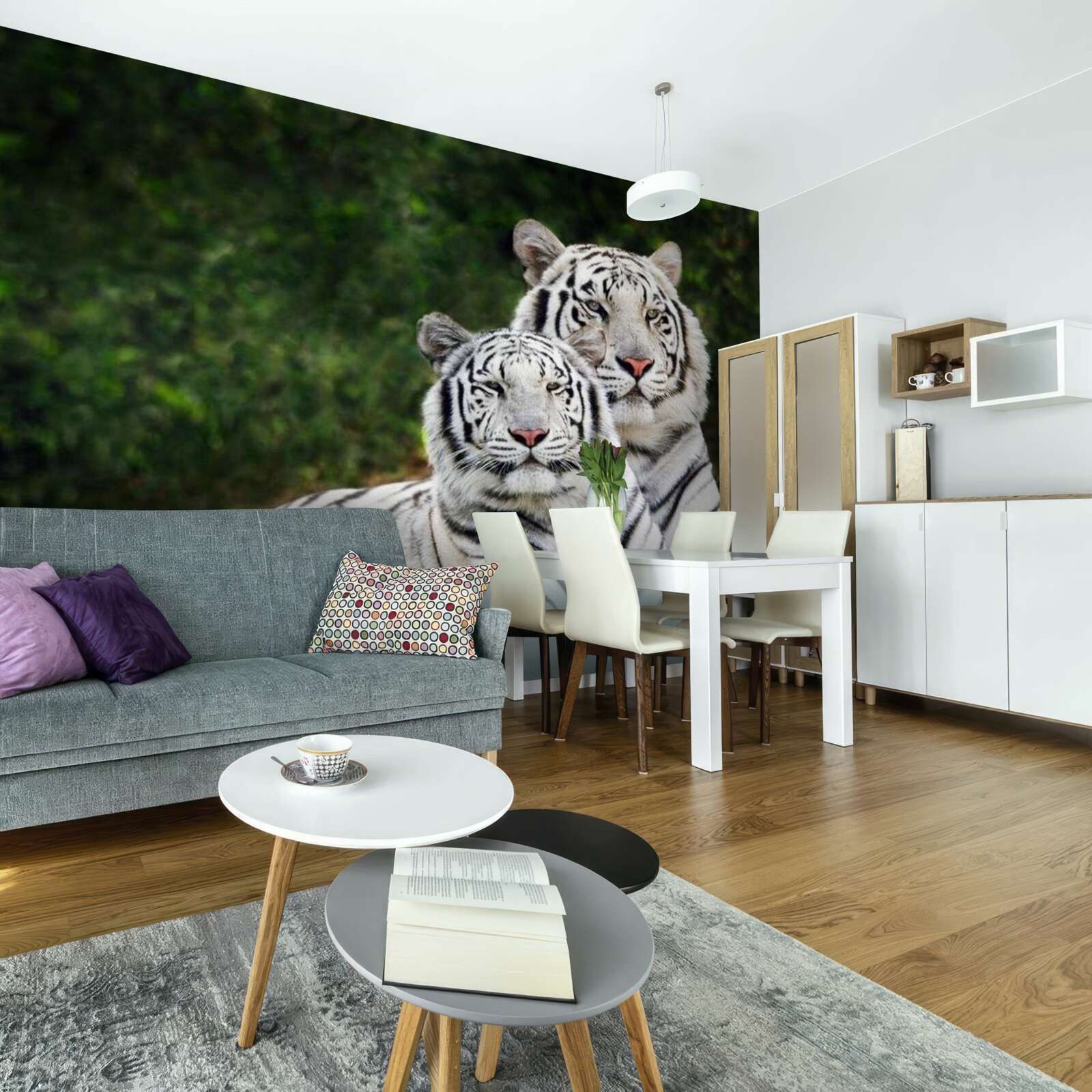 Фотошпалери у лісі живуть два білих тигри, одружені на