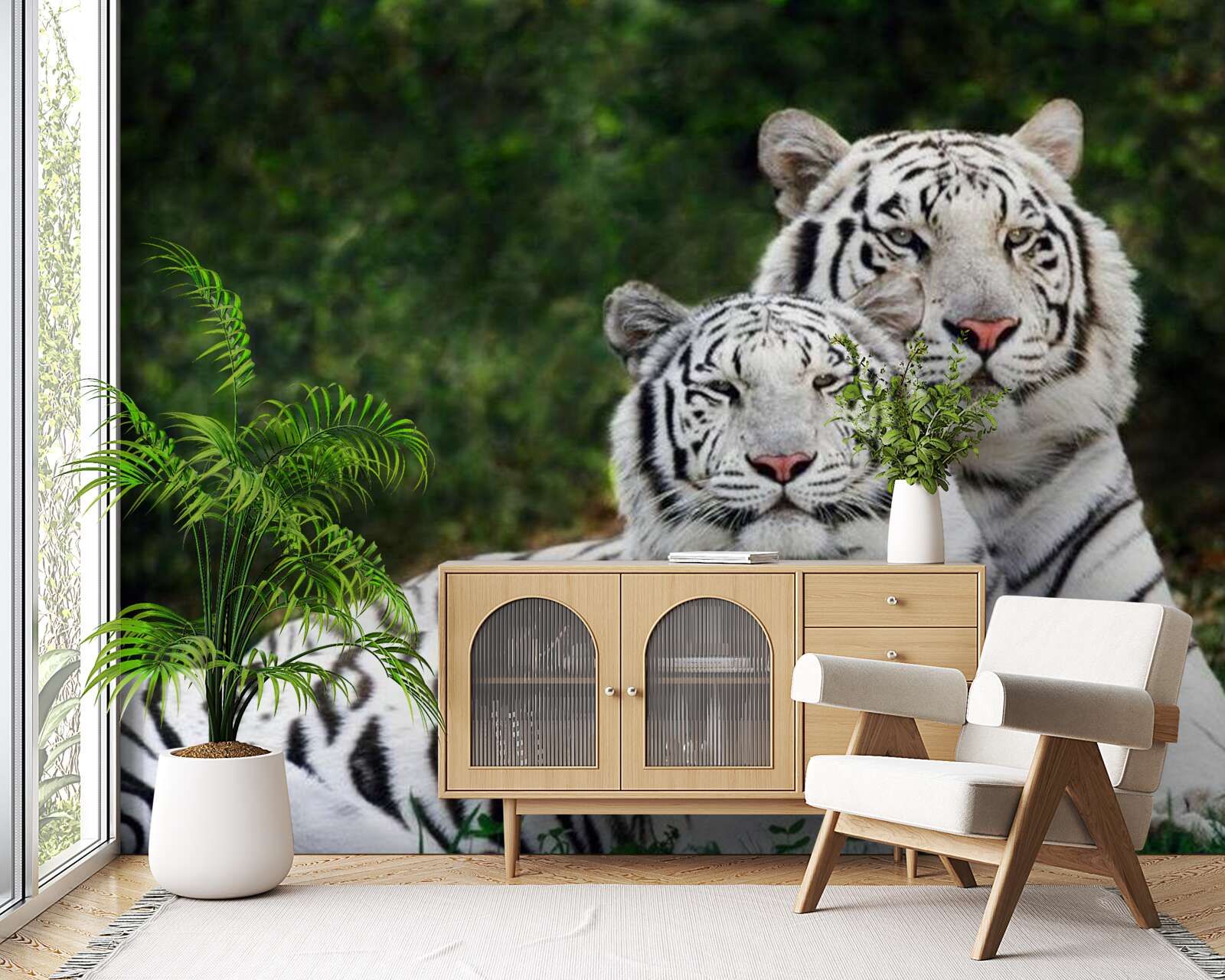 Фотошпалери у лісі живуть два білих тигри, одружені на