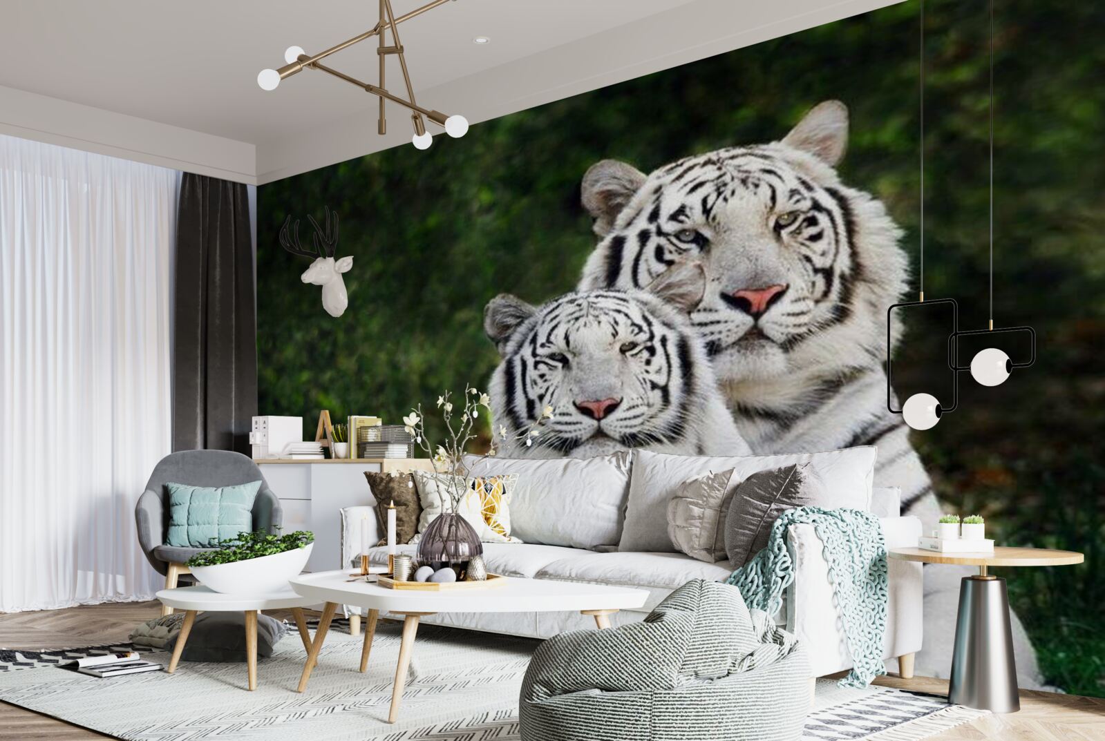 Фотошпалери у лісі живуть два білих тигри, одружені на