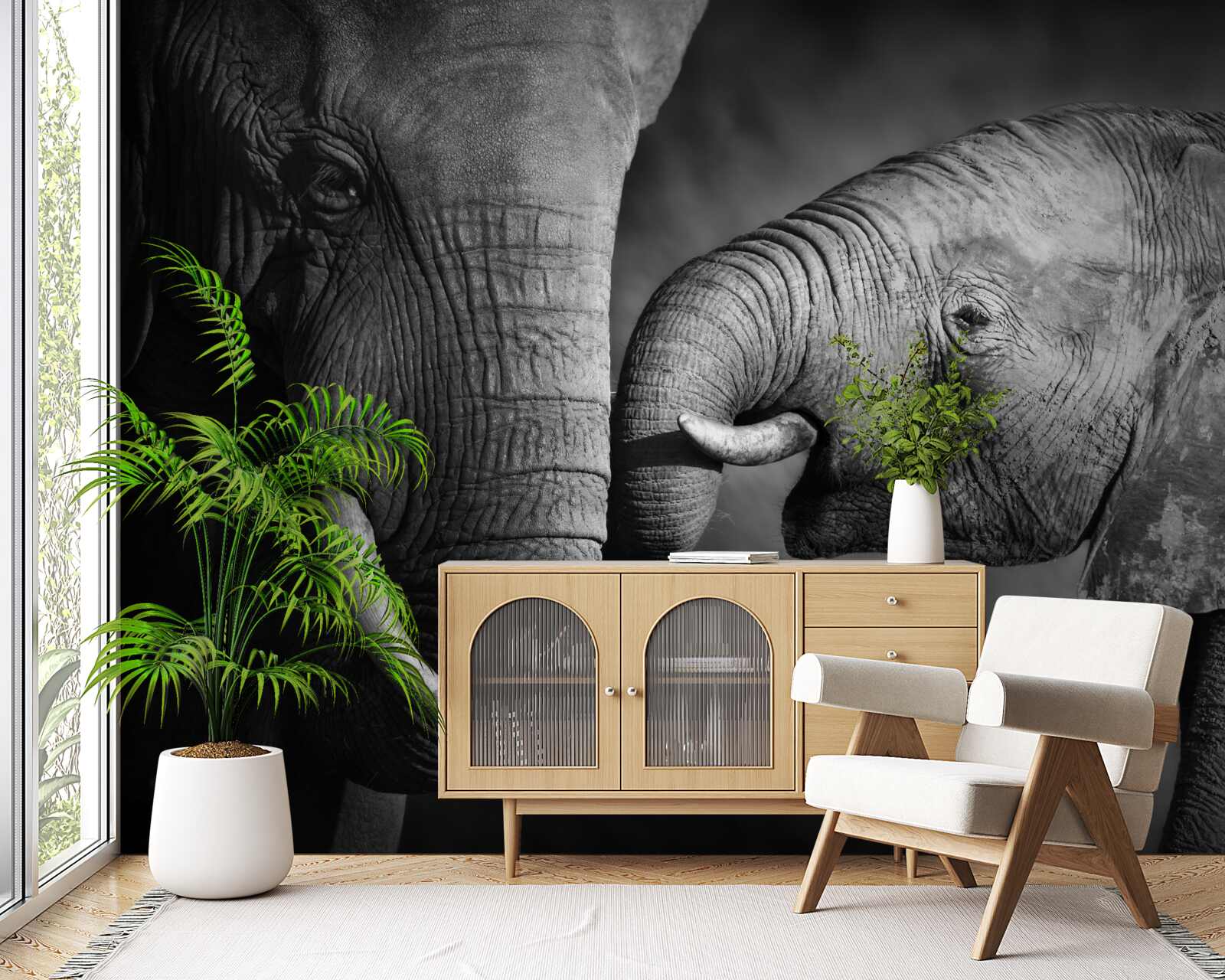 Фотошпалери слоненя і мама білі та чорні