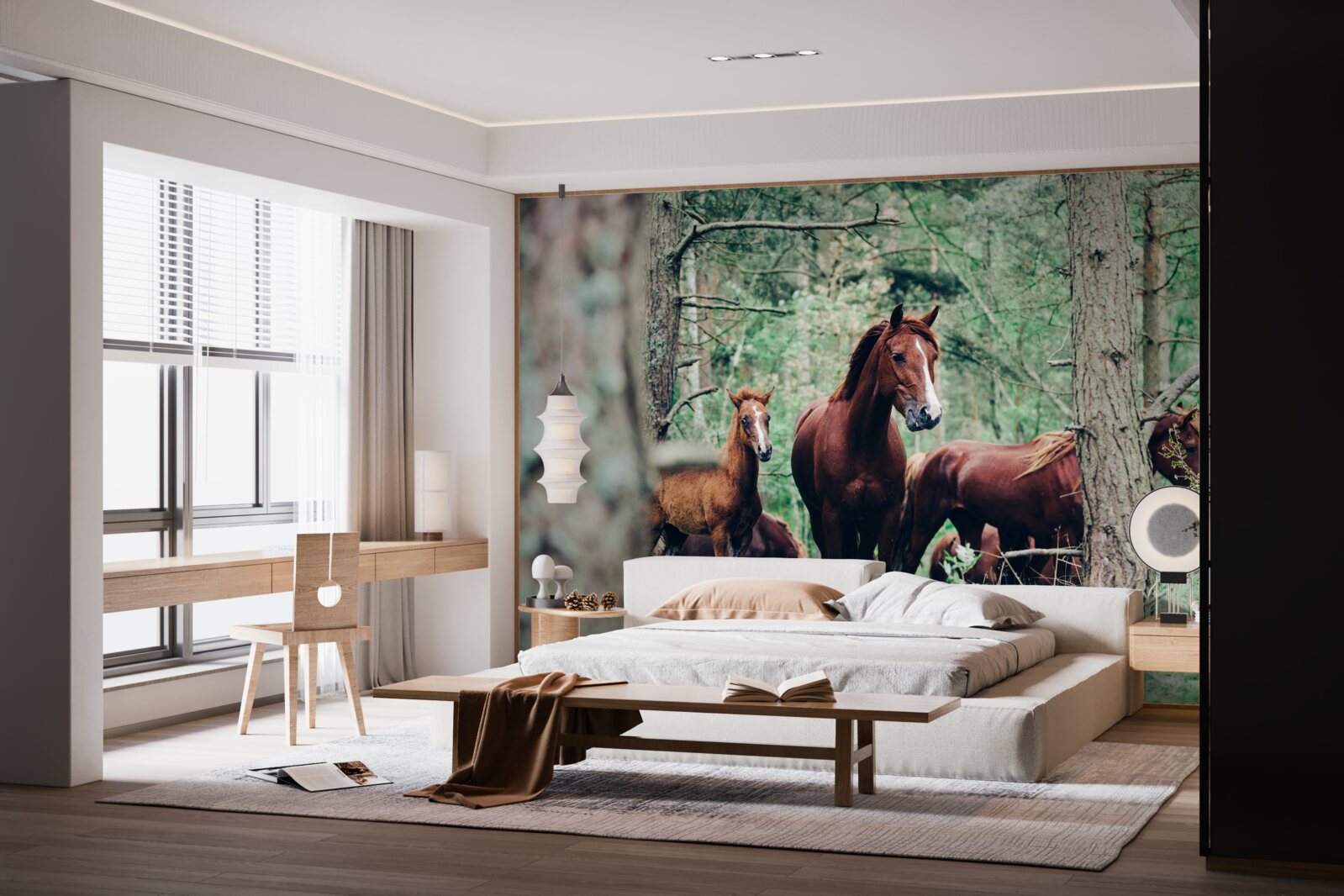 Фотошпалери коні гуляють у лісі навесні