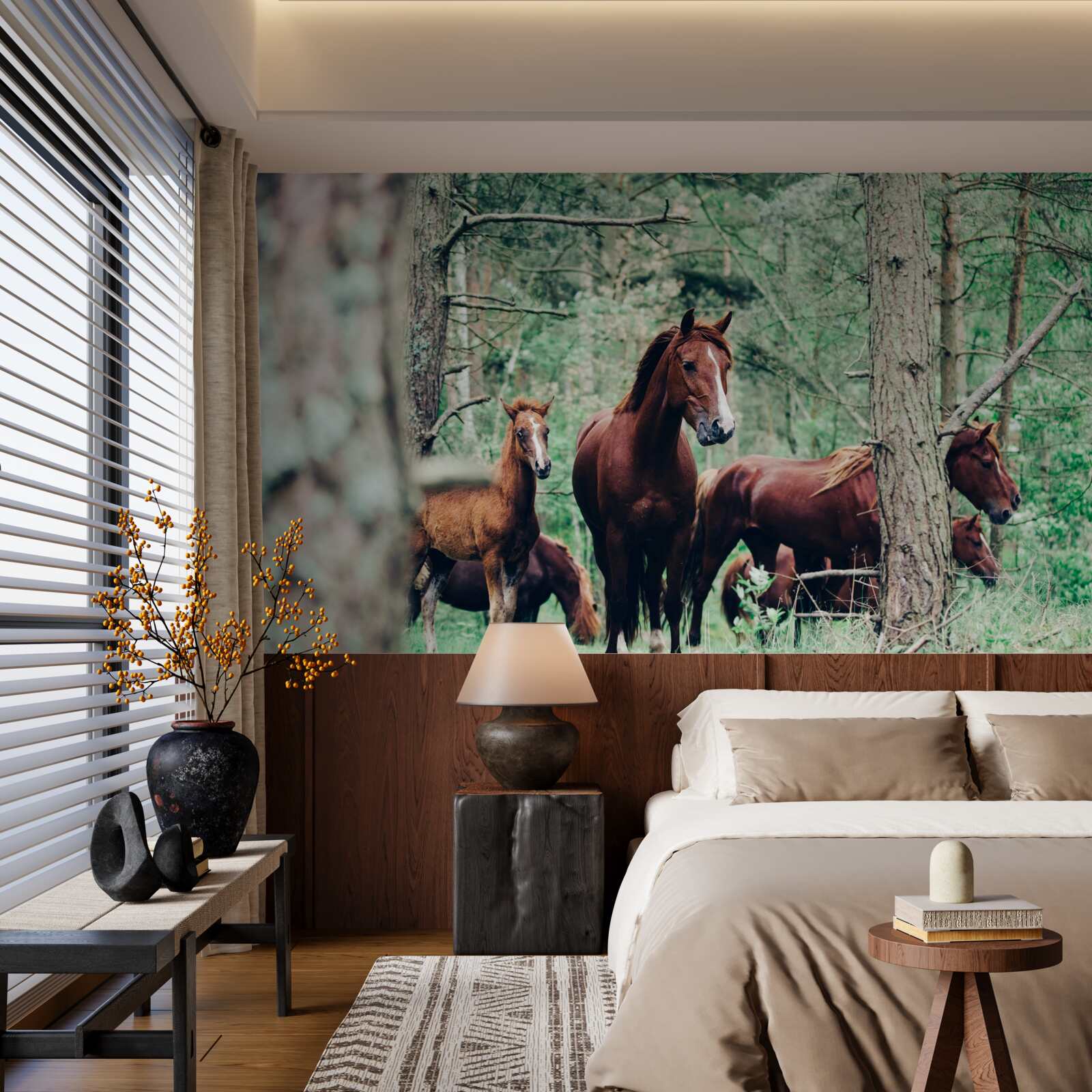 Фотошпалери коні гуляють у лісі навесні