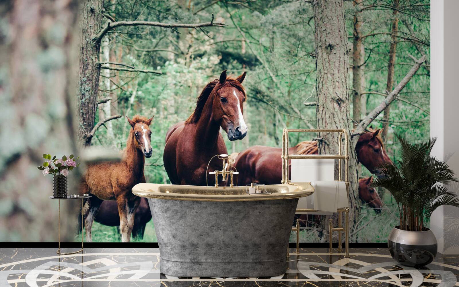 Фотошпалери коні гуляють у лісі навесні