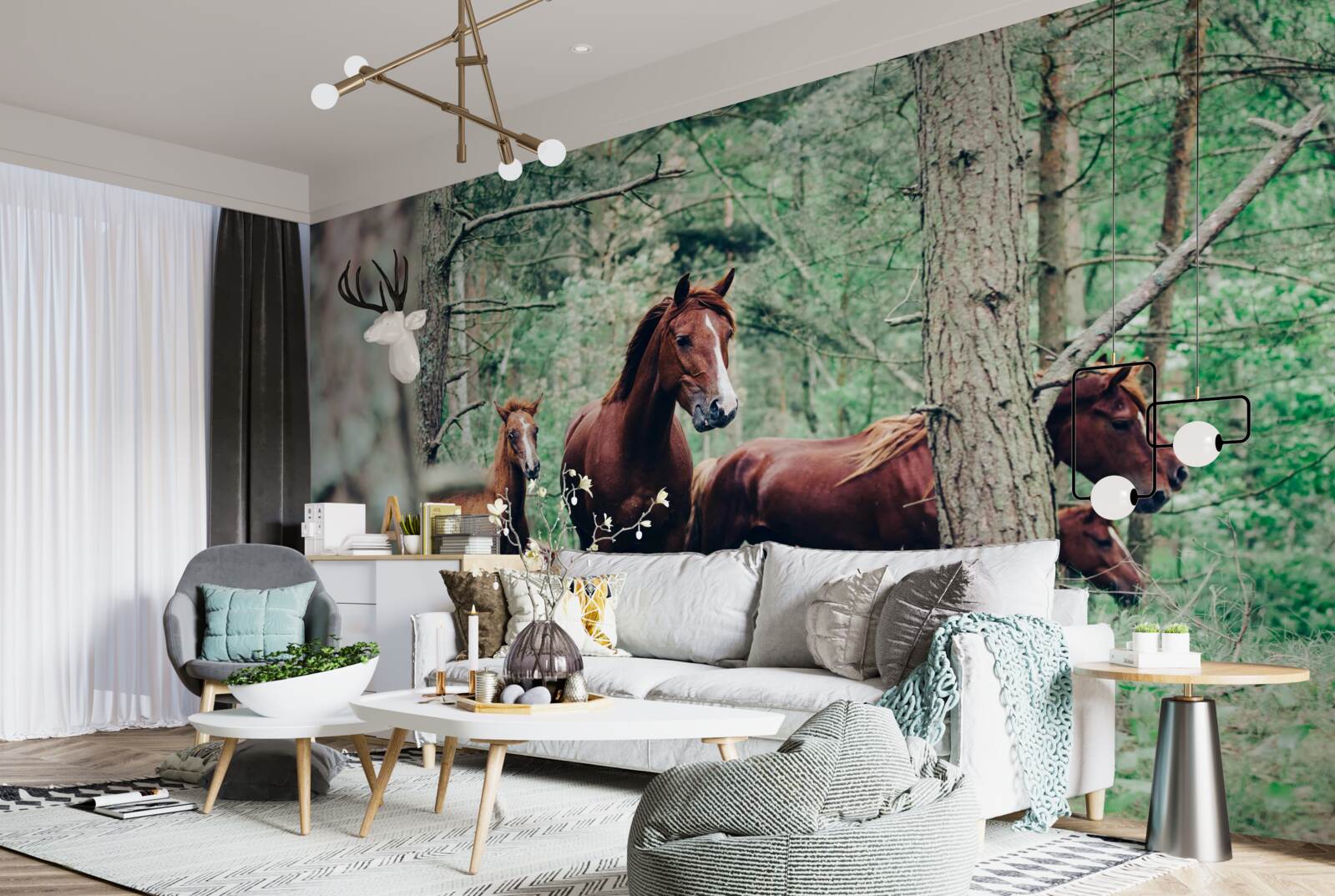 Фотошпалери коні гуляють у лісі навесні