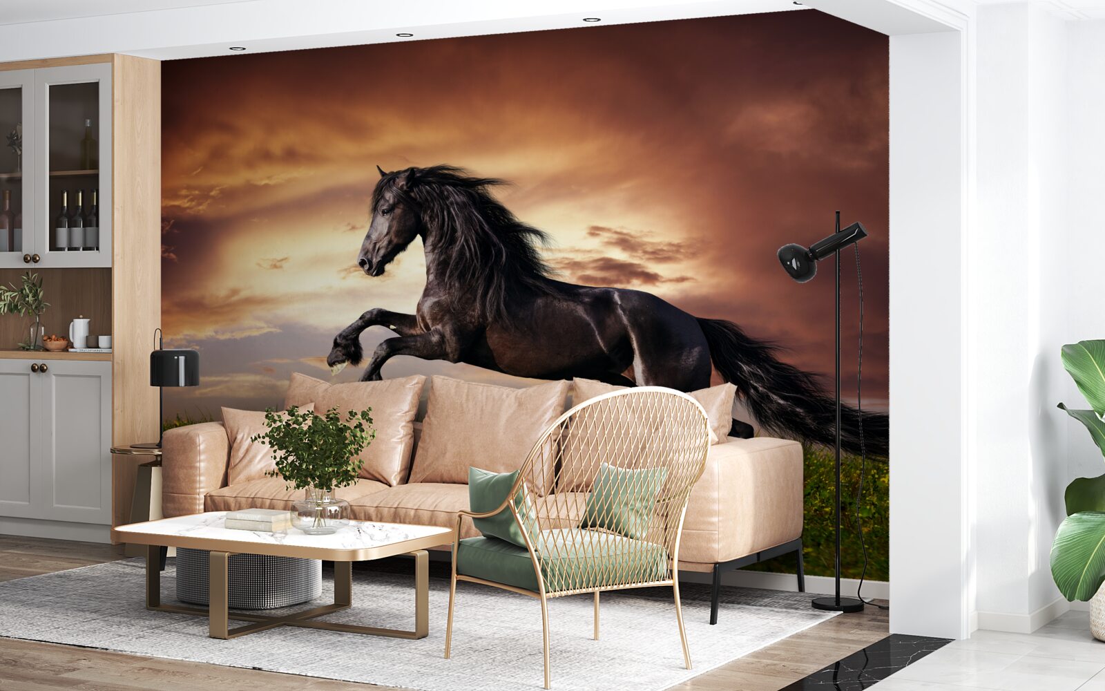 Фотошпалери сильний кінь стрибає по зеленій траві