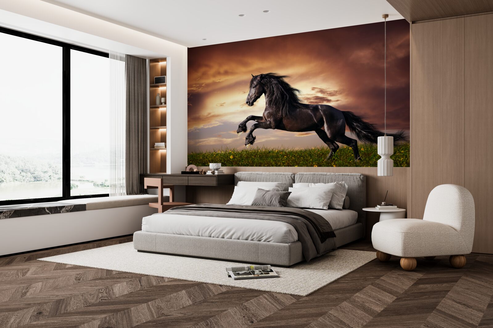 Фотошпалери сильний кінь стрибає по зеленій траві