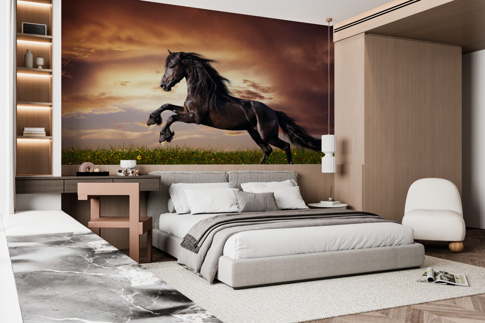 Фотошпалери сильний кінь стрибає по зеленій траві